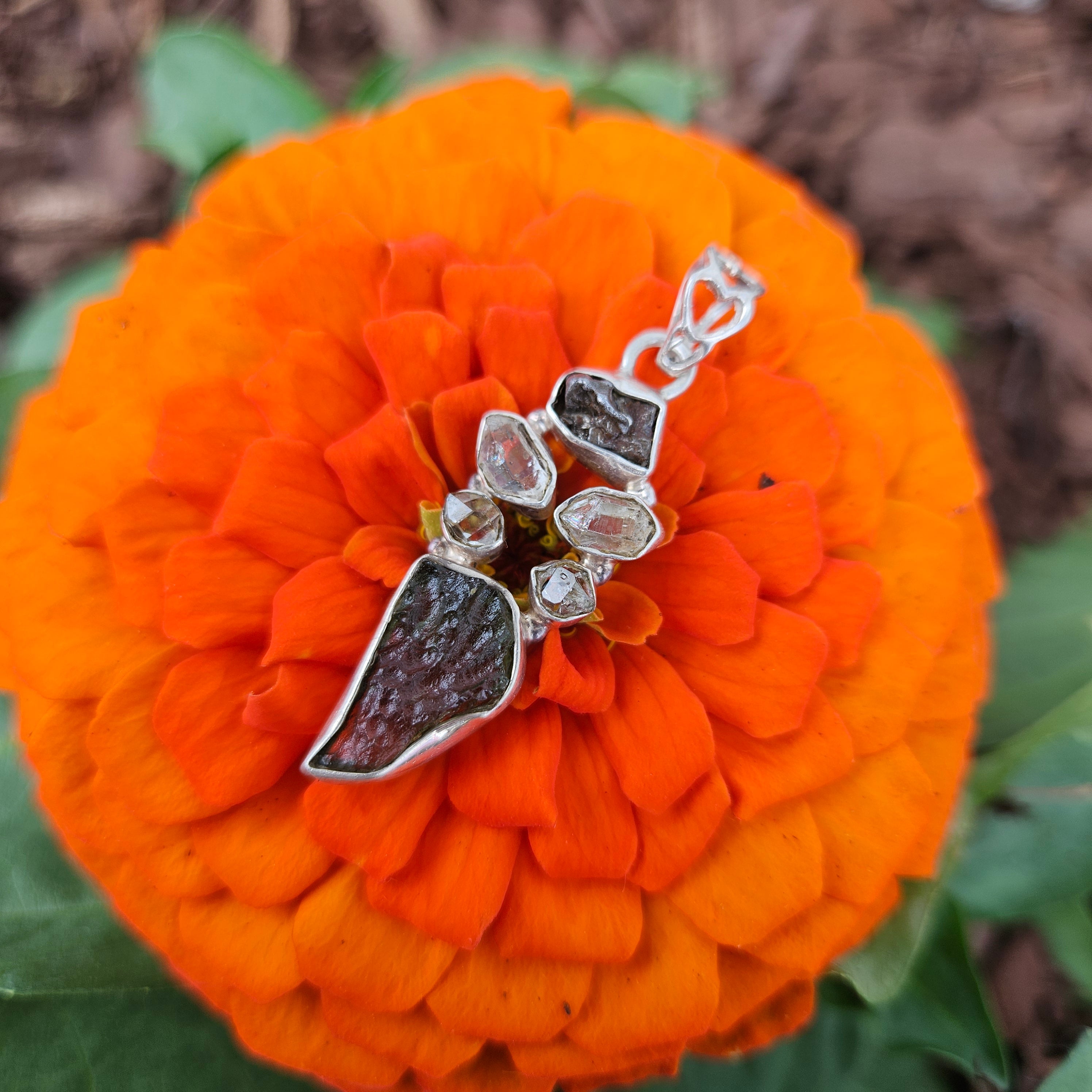 "Space Key" Moldavite/Herkimer/Meteorite Pendant Sterling Silver