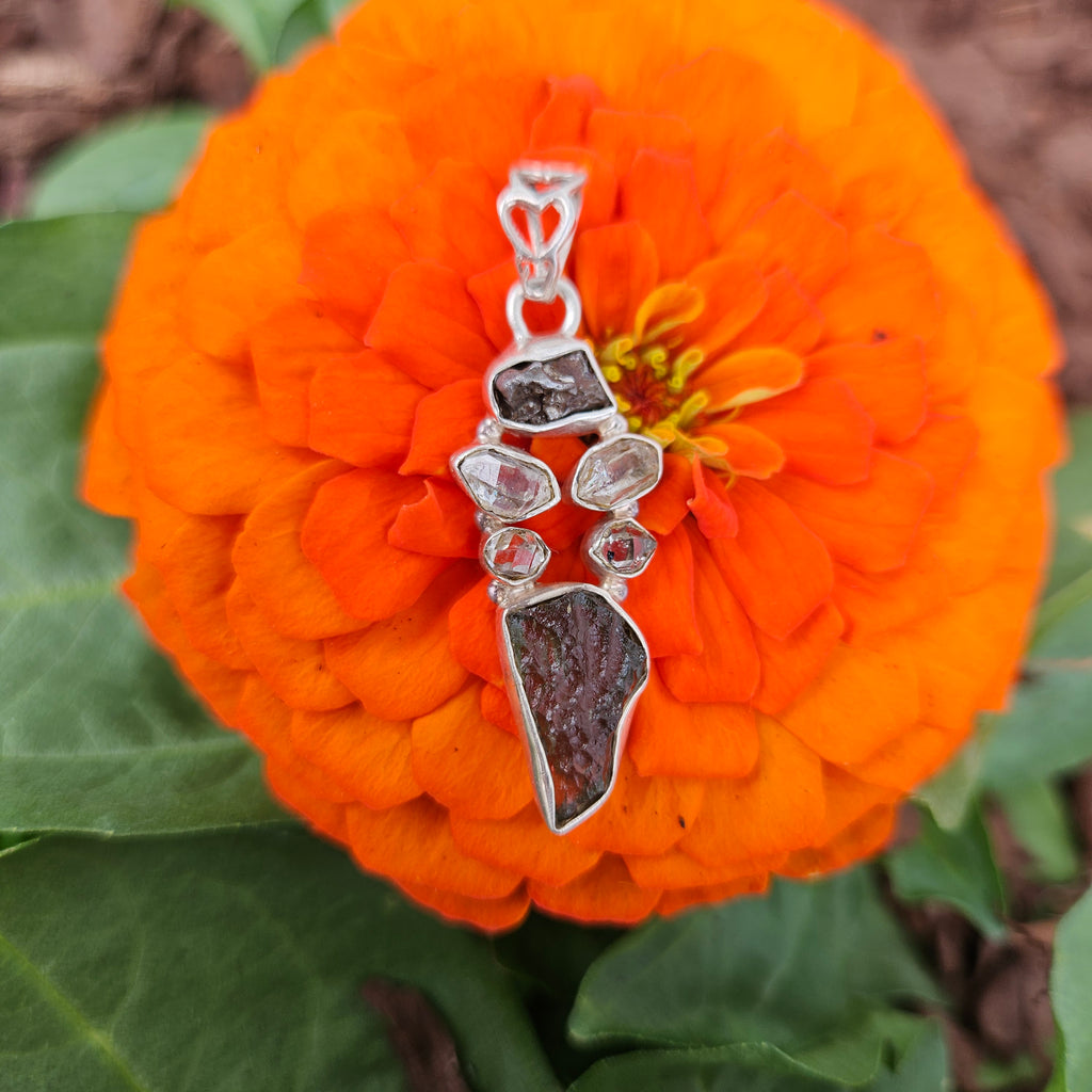 "Space Key" Moldavite/Herkimer/Meteorite Pendant Sterling Silver